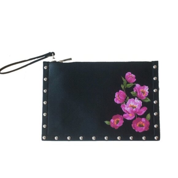 White House Black Market Black Vegan Leather Studded Pink Floral Clutch - Picture 1 of 6